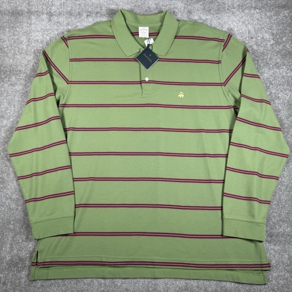 NWT Brooks Brothers Polo Shirt Men's XXL Green Striped Long Sleeve Preppy